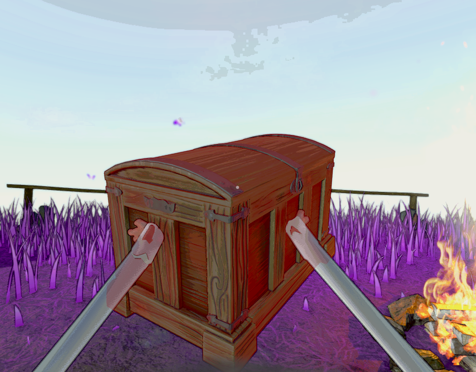 The Box, held firmly aloft in the purple field, campfire nearby